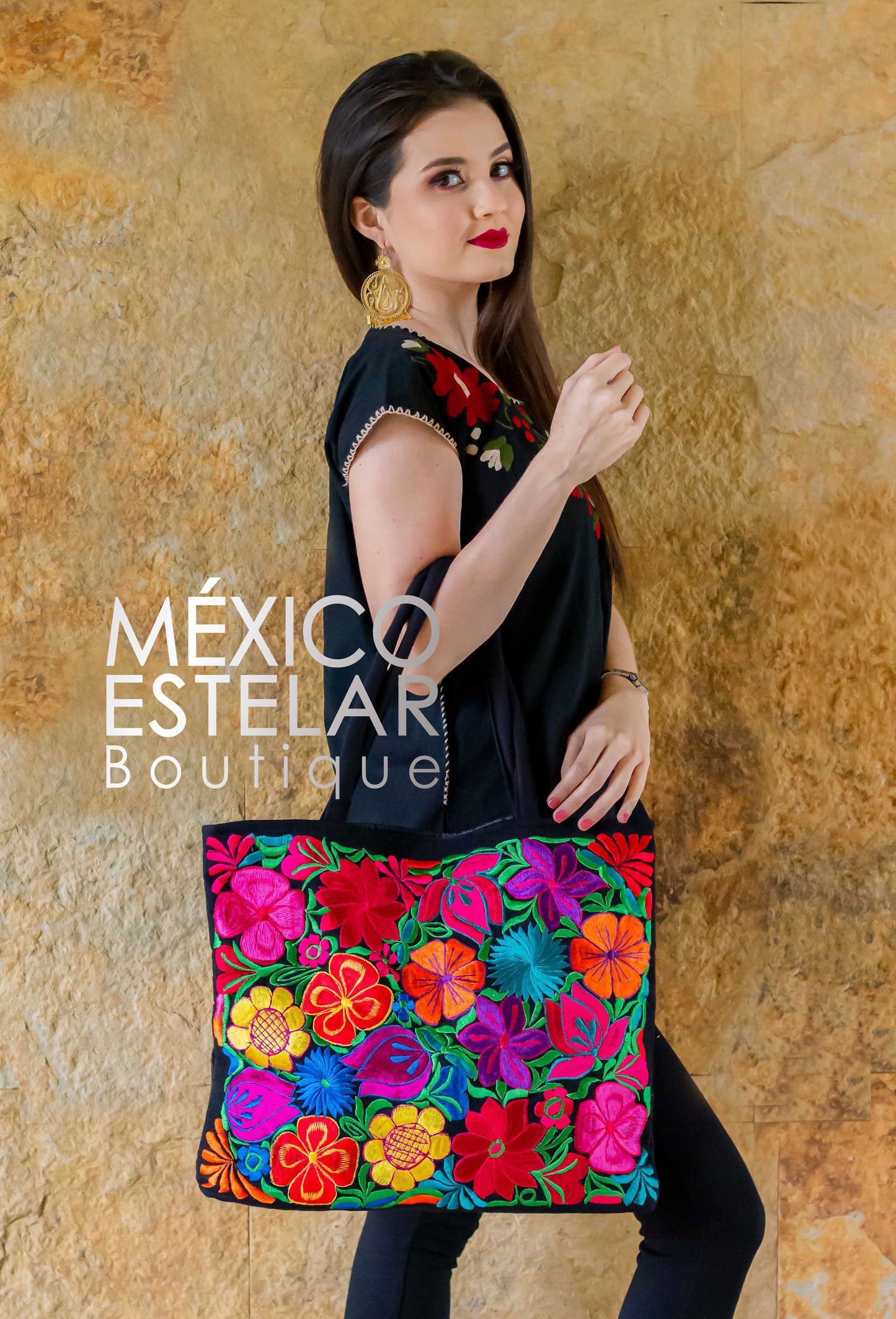 Bolsa Grande Telar Bordado de Flores