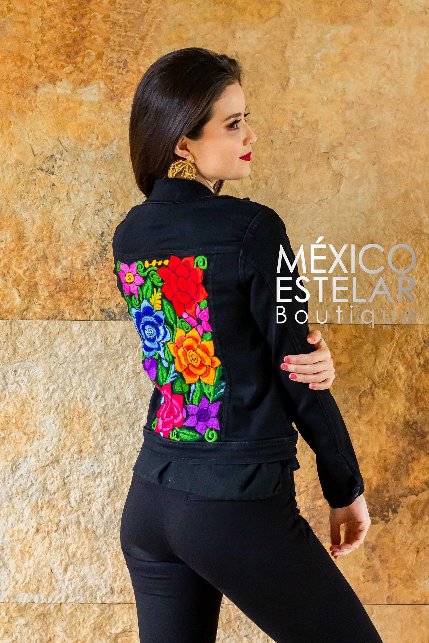 Chamarra Mezclilla Negra Bordada