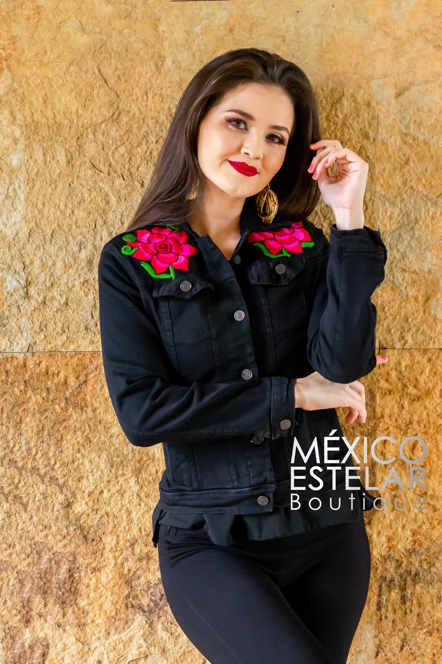 Chamarra Mezclilla Negra Bordada