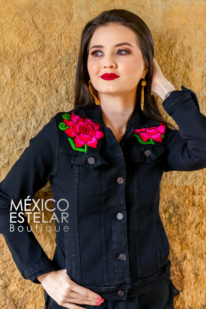 Chamarra Mezclilla Negra Bordada