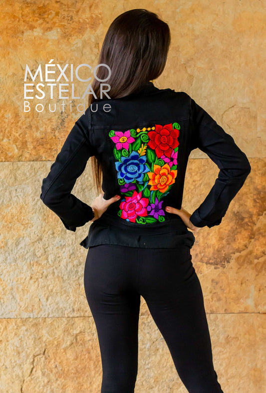 Chamarra Mezclilla Negra Bordada