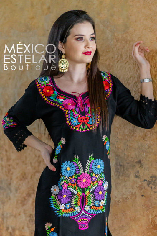 Vestido Kimono Manga Larga Bordado a Máquina