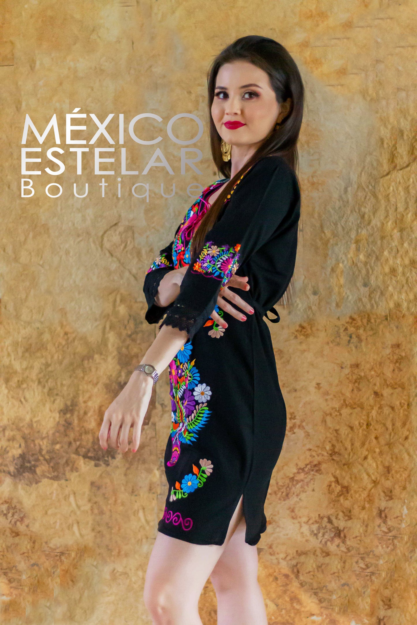 Vestido Kimono Manga Larga Bordado a Máquina