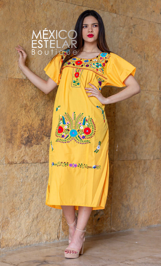 Vestido Largo Tehuacán / Margaritas Bordado a Mano